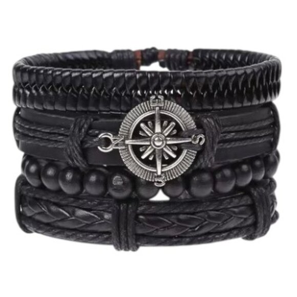 Black Leather Bracelet Set Stackable Multi-strand Wrist Band Bracelet - Picture 1 of 7